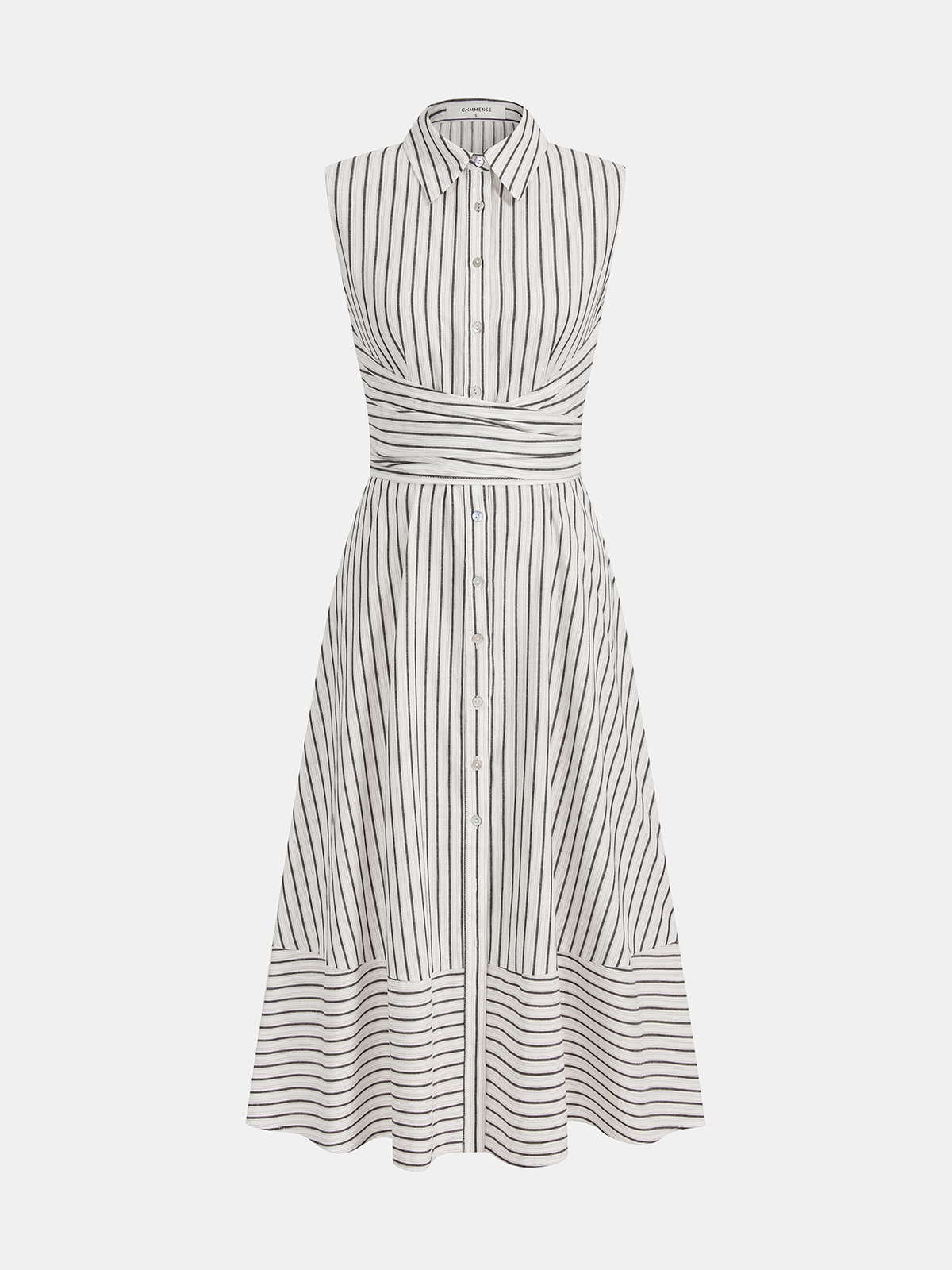 Vestido Midi a rayas con cuello, sin mangas, con lazo en la cintura