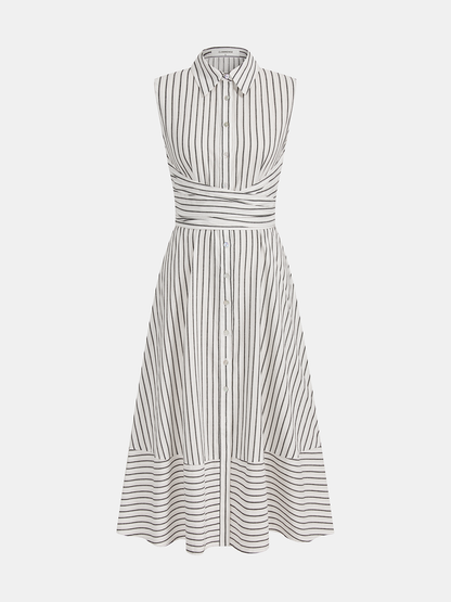 Vestido Midi a rayas con cuello, sin mangas, con lazo en la cintura