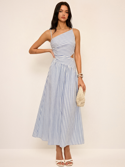 Vestido Maxi asimétrico a rayas con recortes tipo camisa