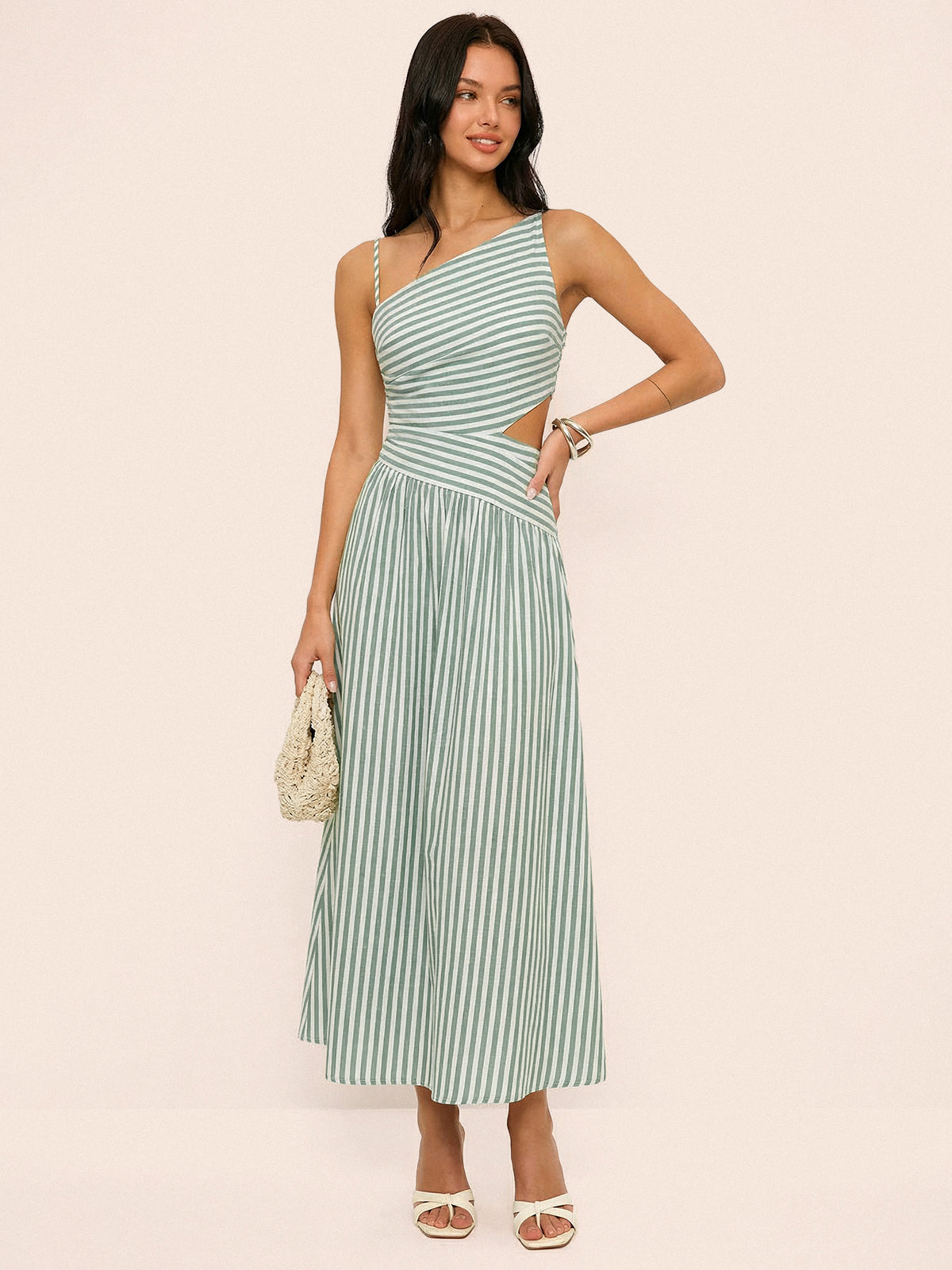 Vestido Maxi asimétrico a rayas con recortes tipo camisa