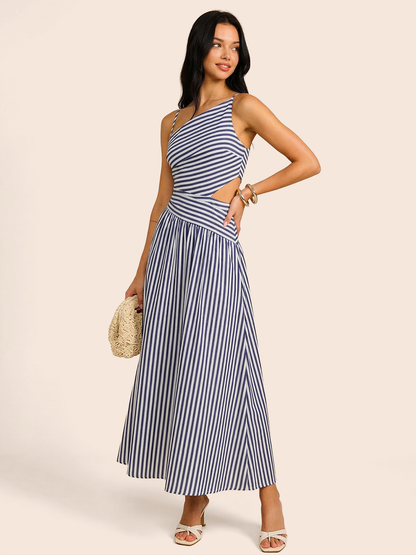 Vestido Maxi asimétrico a rayas con recortes tipo camisa