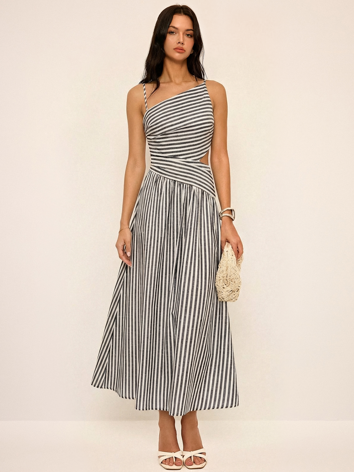 Vestido Maxi asimétrico a rayas con recortes tipo camisa