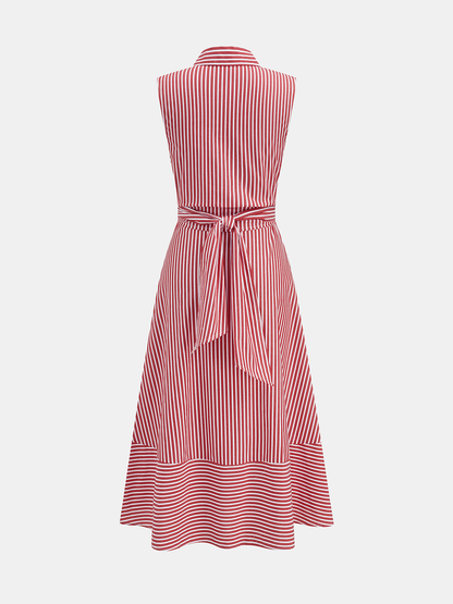 Vestido Midi a rayas con cuello, sin mangas, con lazo en la cintura