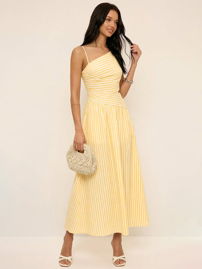 Vestido Maxi asimétrico a rayas con recortes tipo camisa