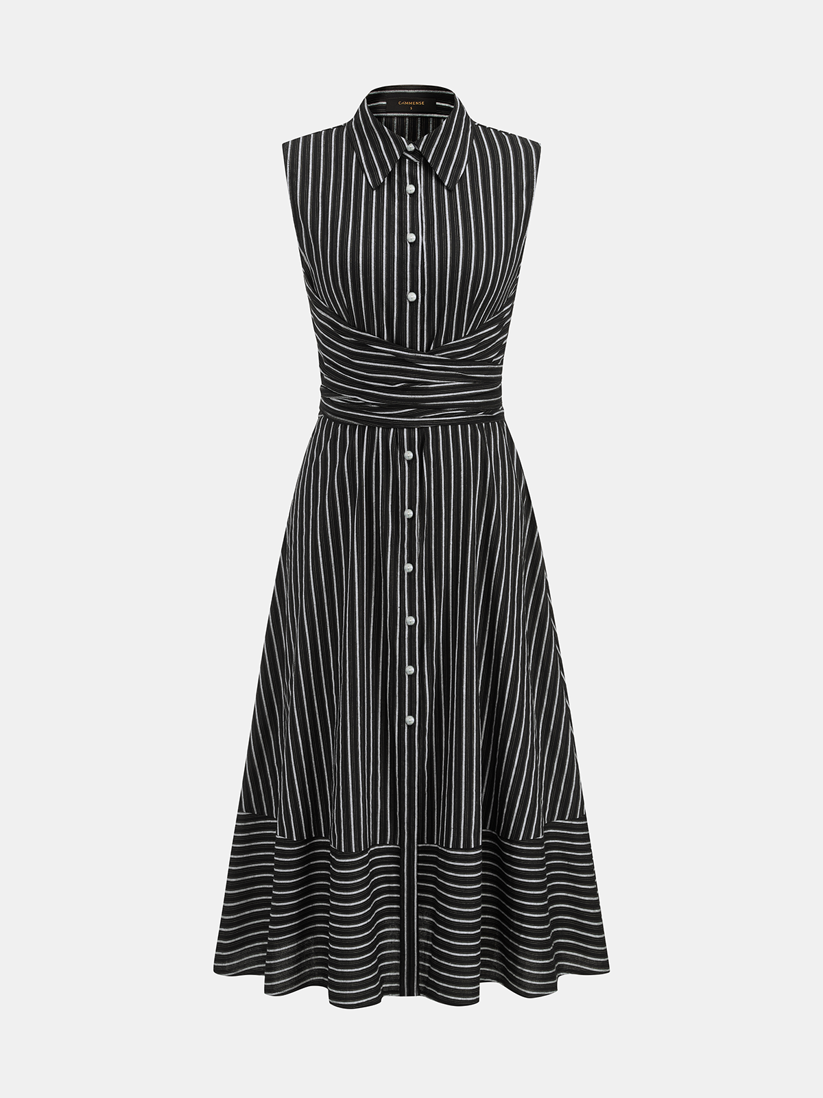 Vestido Midi a rayas con cuello, sin mangas, con lazo en la cintura