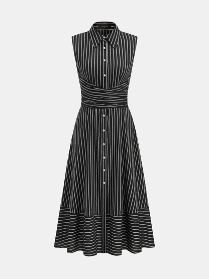 Vestido Midi a rayas con cuello, sin mangas, con lazo en la cintura
