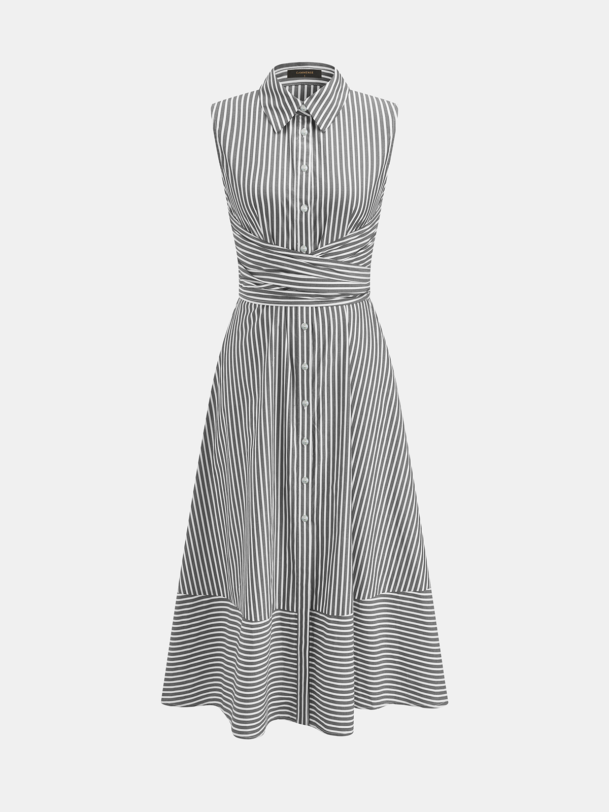 Vestido Midi a rayas con cuello, sin mangas, con lazo en la cintura