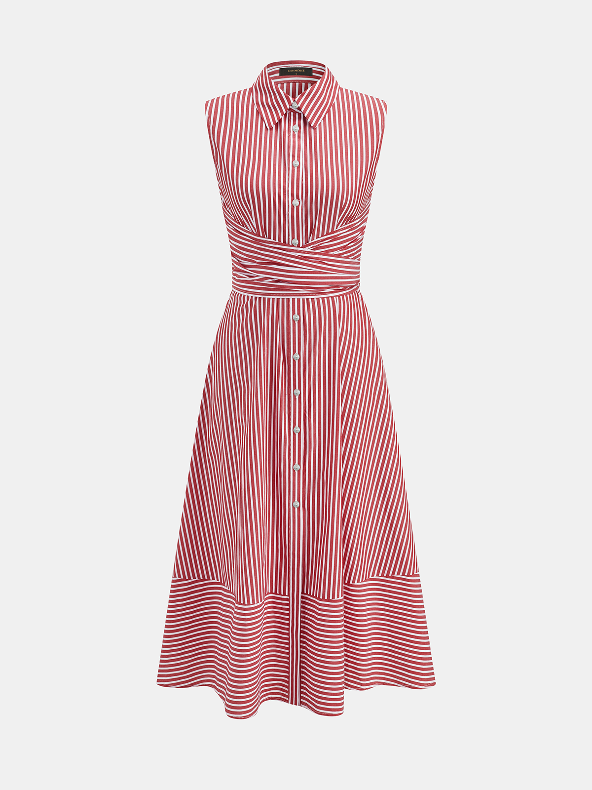 Vestido Midi a rayas con cuello, sin mangas, con lazo en la cintura
