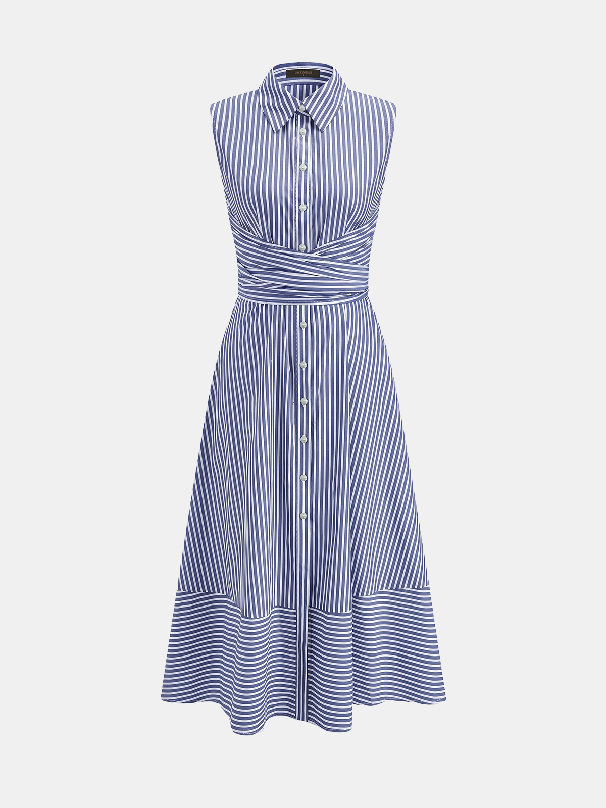 Vestido Midi a rayas con cuello, sin mangas, con lazo en la cintura