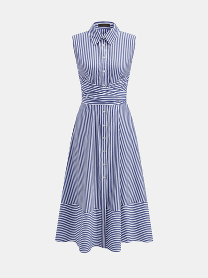Vestido Midi a rayas con cuello, sin mangas, con lazo en la cintura