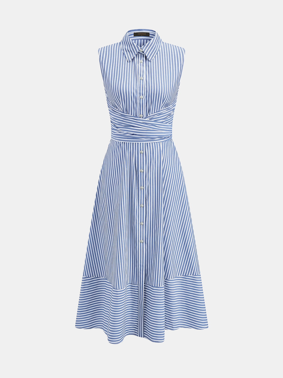 Vestido Midi a rayas con cuello, sin mangas, con lazo en la cintura