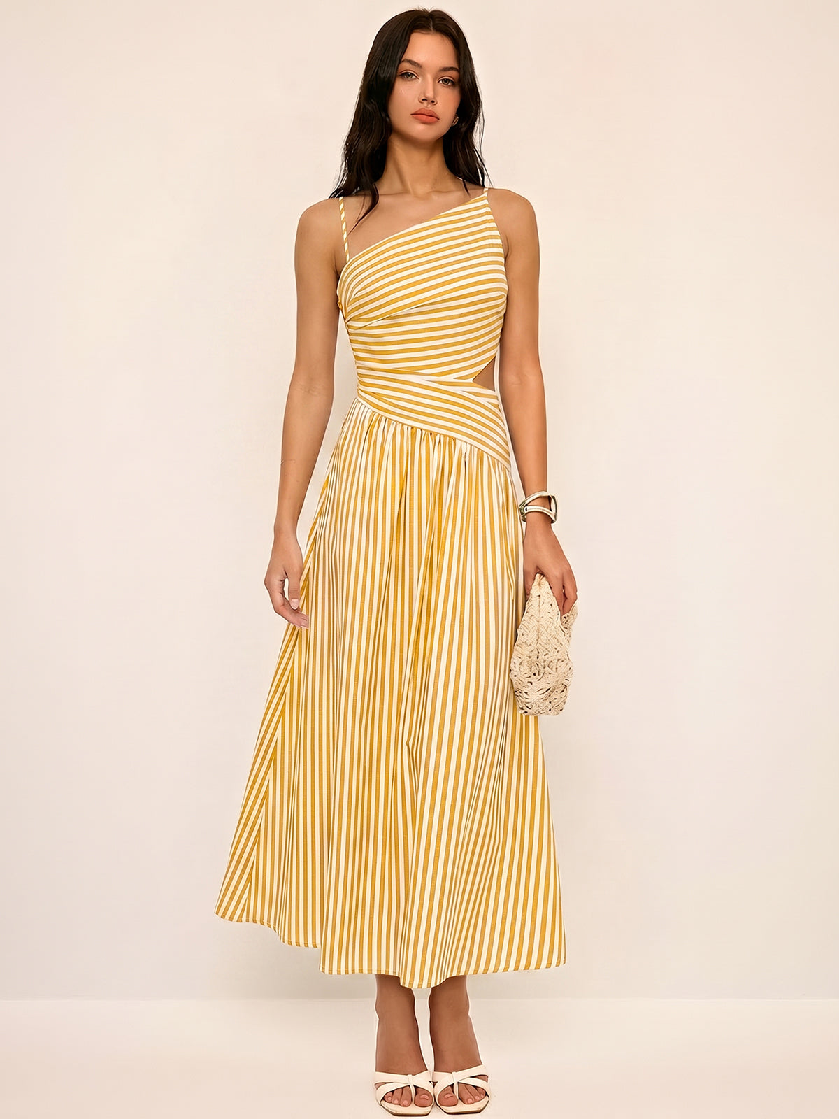 Vestido Maxi asimétrico a rayas con recortes tipo camisa