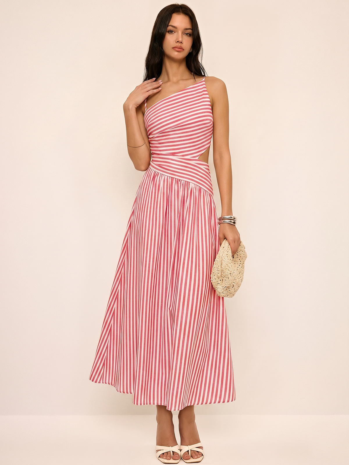 Vestido Maxi asimétrico a rayas con recortes tipo camisa