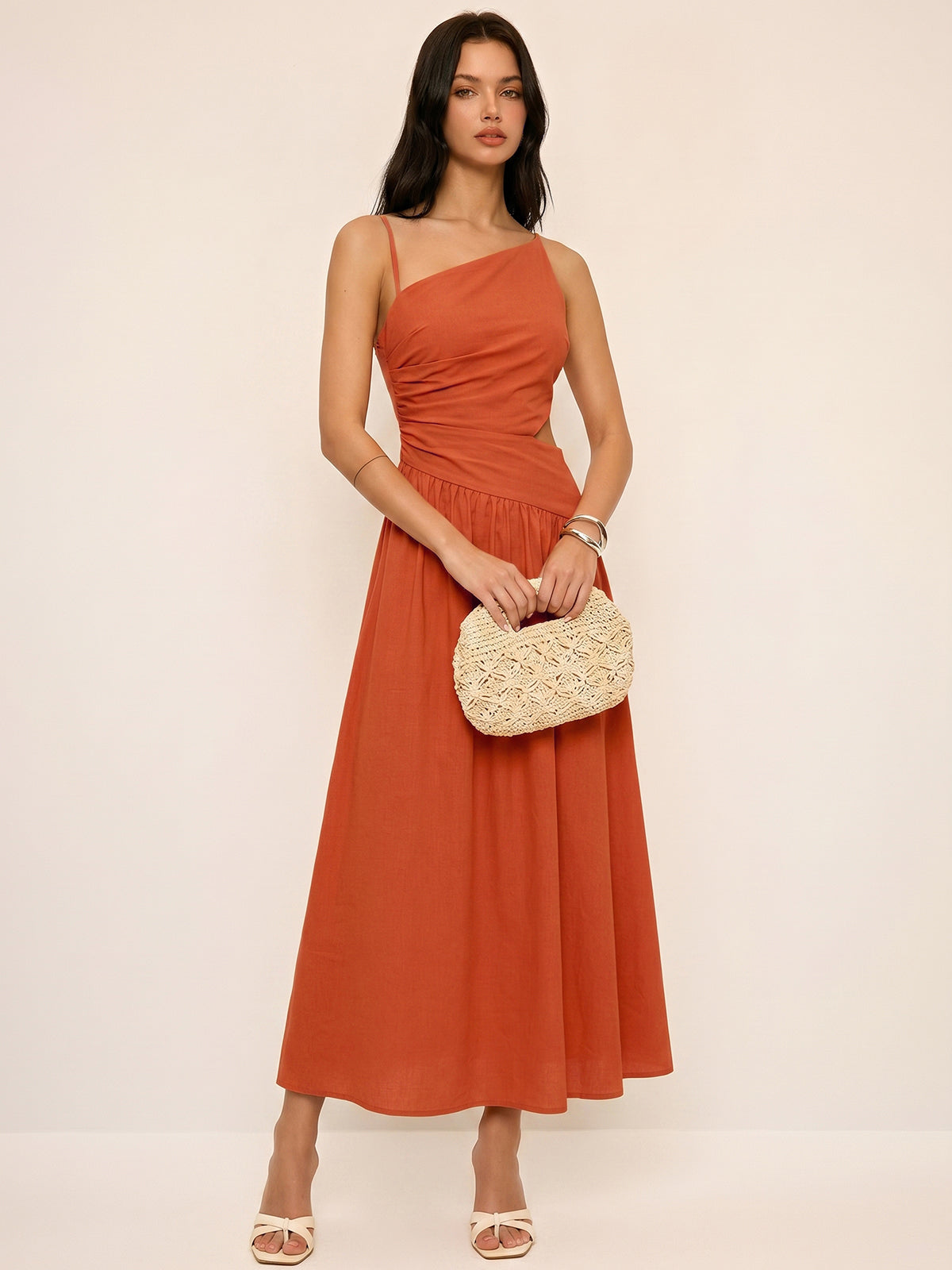 Vestido Maxi asimétrico a rayas con recortes tipo camisa