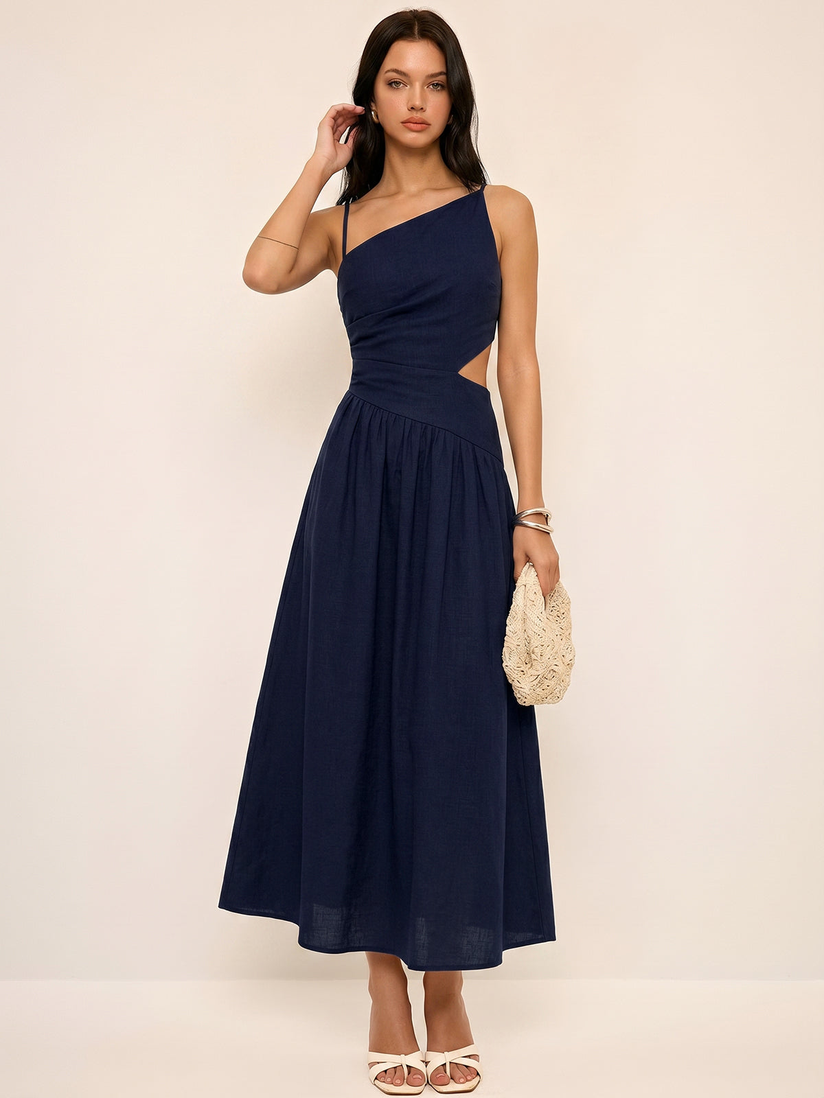 Vestido Maxi asimétrico a rayas con recortes tipo camisa