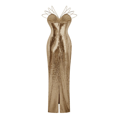 Vestido largo dorado con lentejuelas brillantes-Cressida
